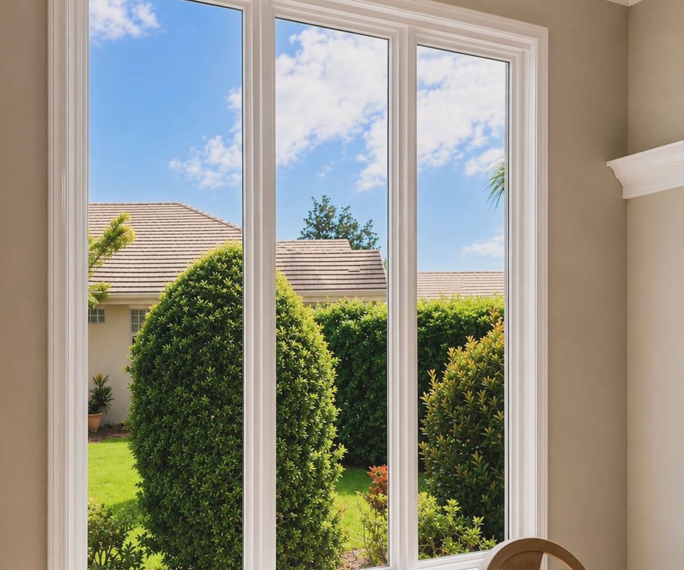 Floor-to-ceiling picture windows looking out onto a hedged garden