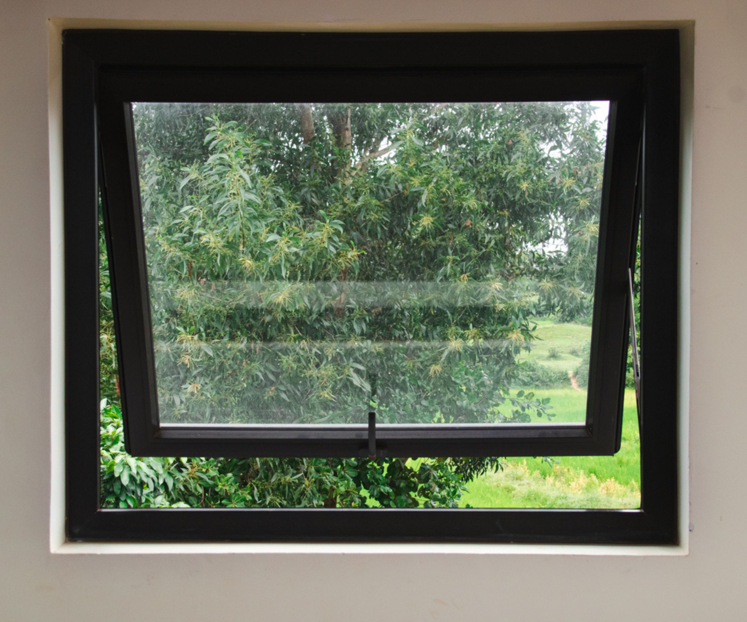 Black-framed awning window cranked open over a garden