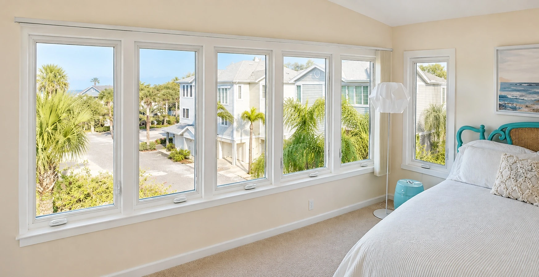 Bedroom with a bank of casement windows overlooking a palm-lined street