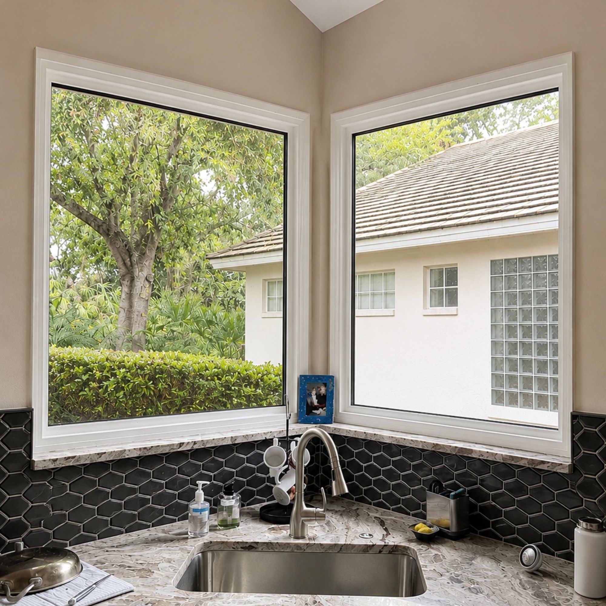 Corner kitchen windows above a sink with a black hexagon tile backsplash