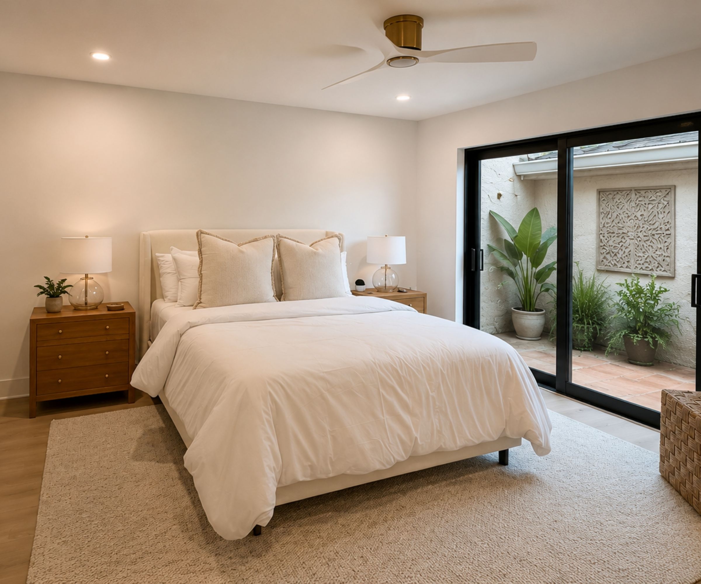 Bedroom addition with sliding glass doors opening to a planted courtyard