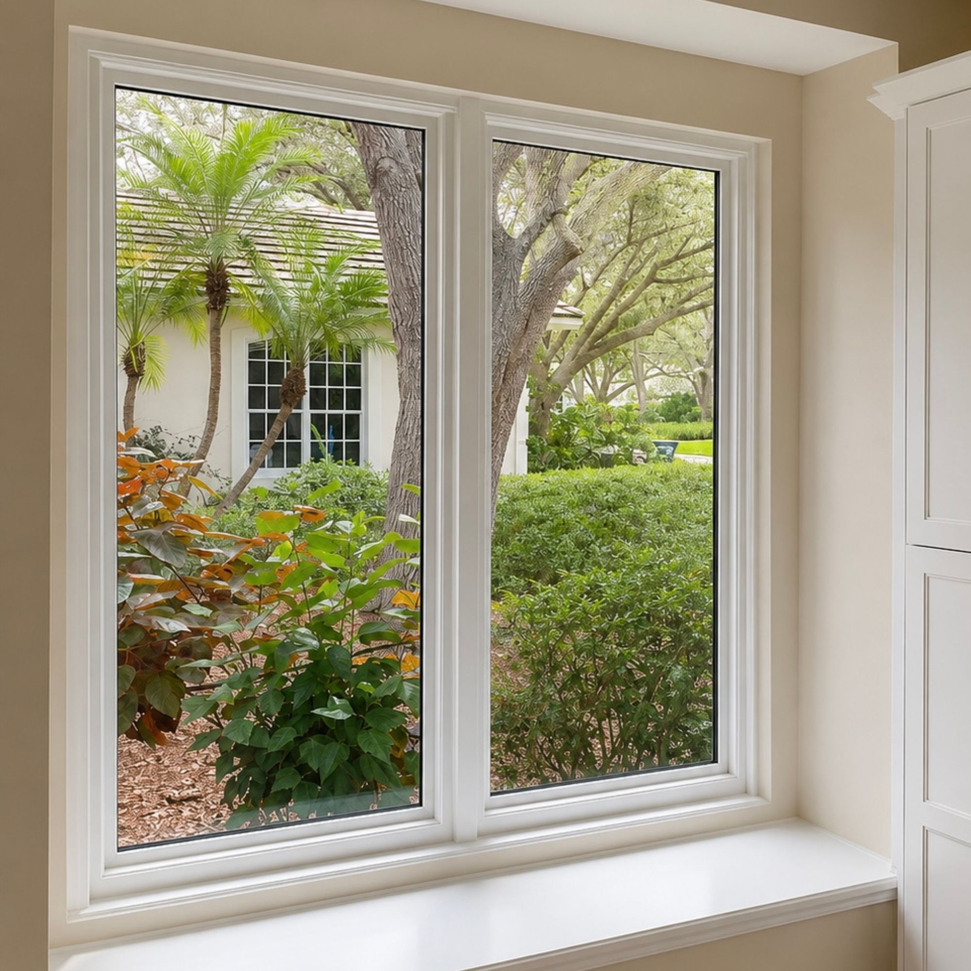 New picture windows framing a garden view from inside a home