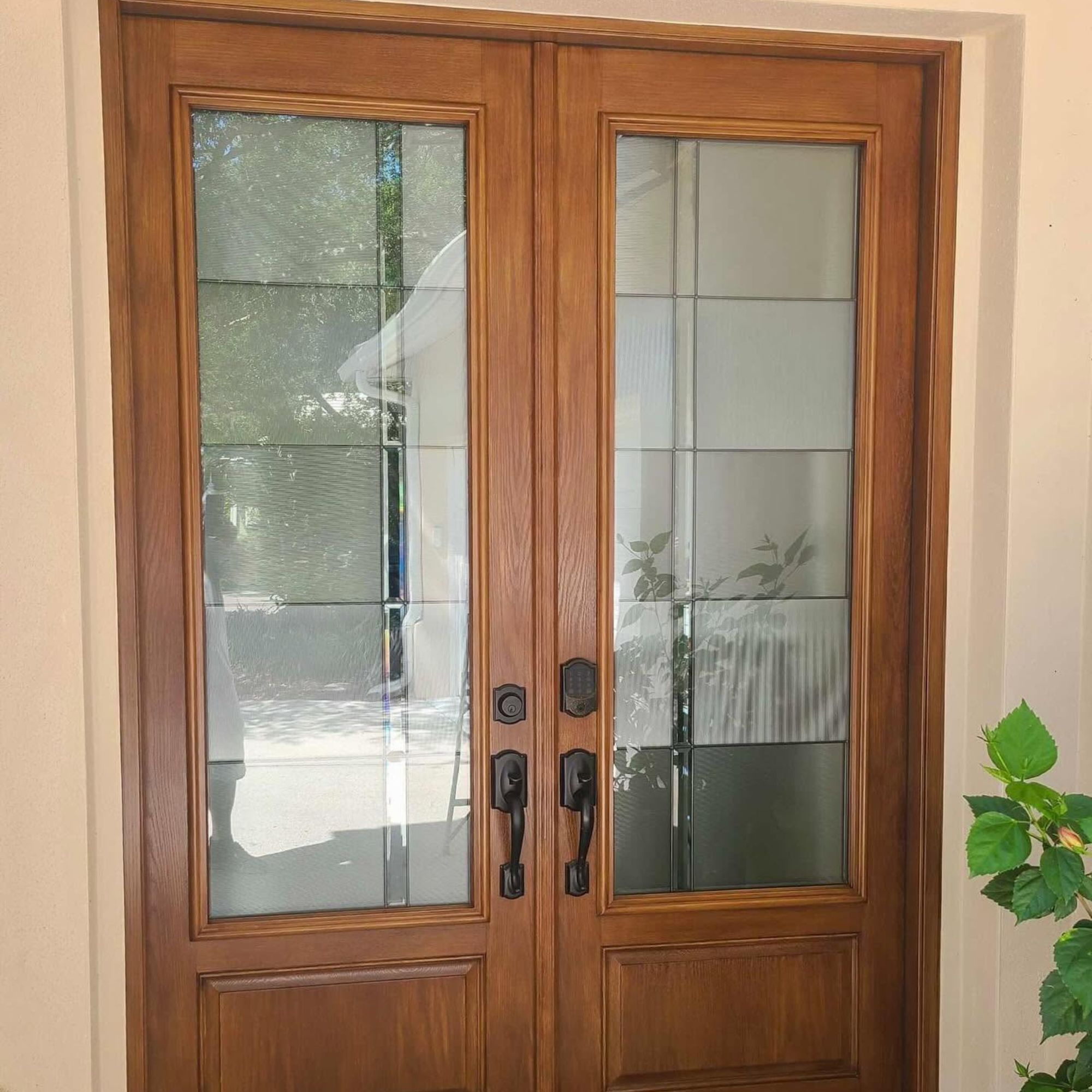 Stained wood double entry doors with etched decorative glass