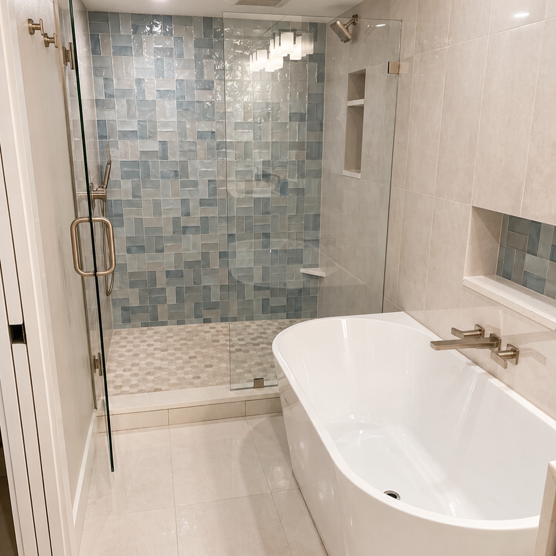 Bathroom with a freestanding tub and blue mosaic-tiled walk-in shower