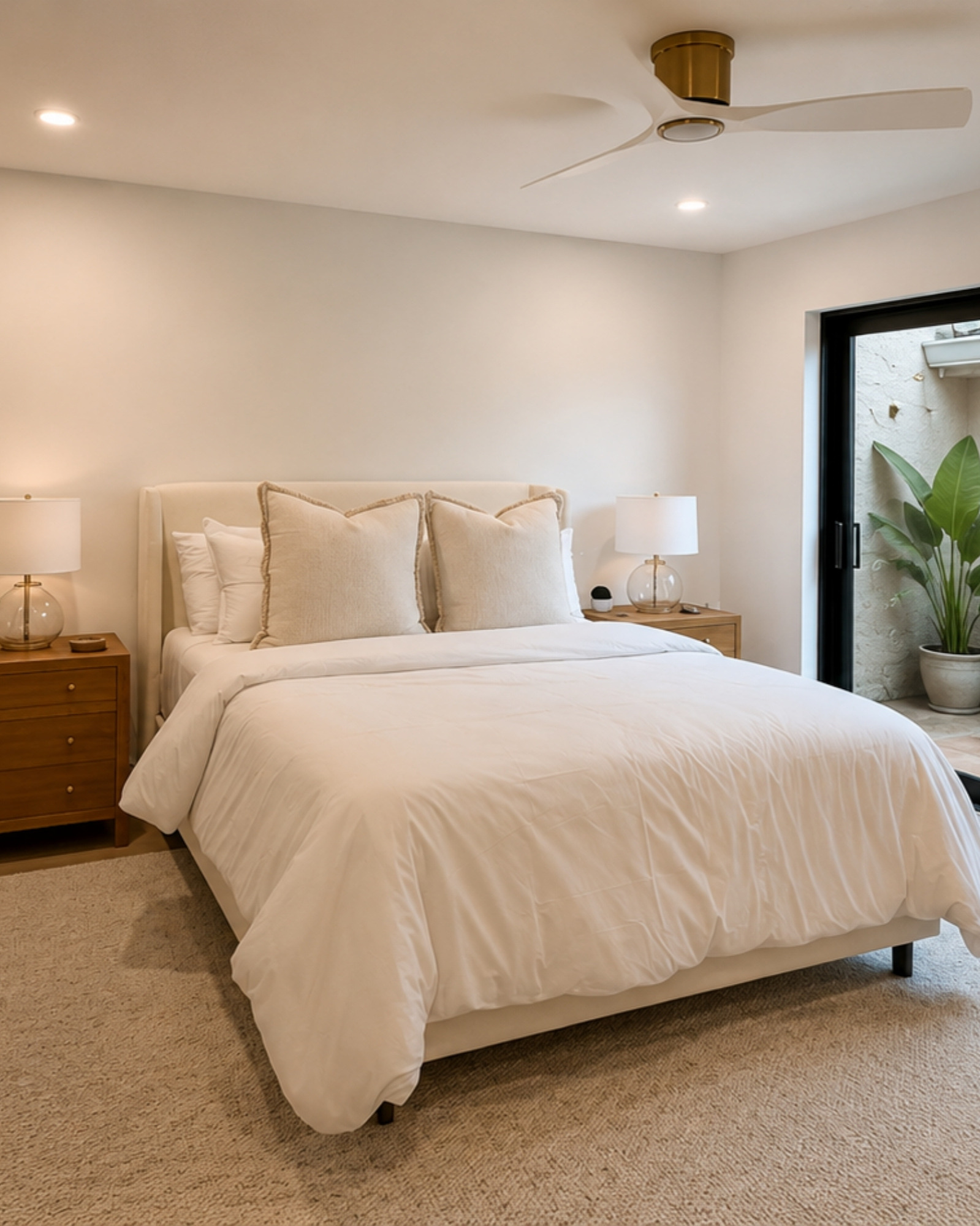 Bedroom with an upholstered bed and sliding door to a patio