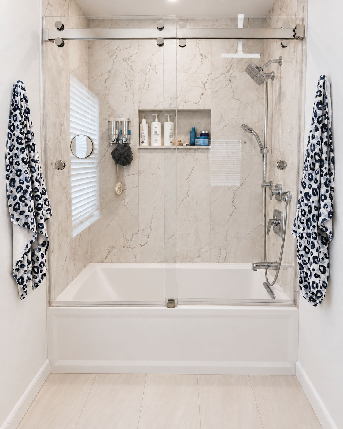 Tub and shower combination with marble-look tile and a frameless sliding glass door
