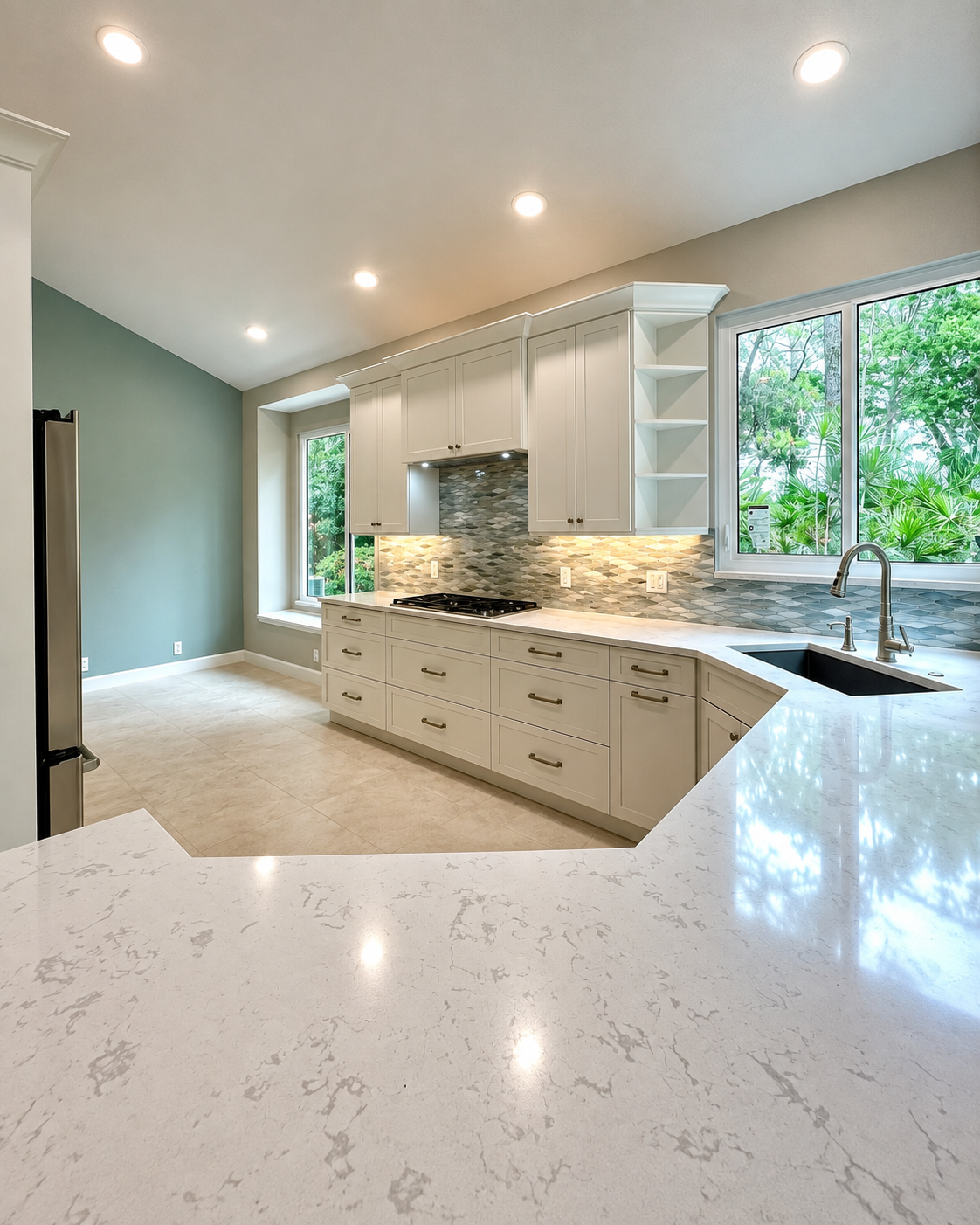 Kitchen with quartz peninsula, undermount sink and windows over the counter