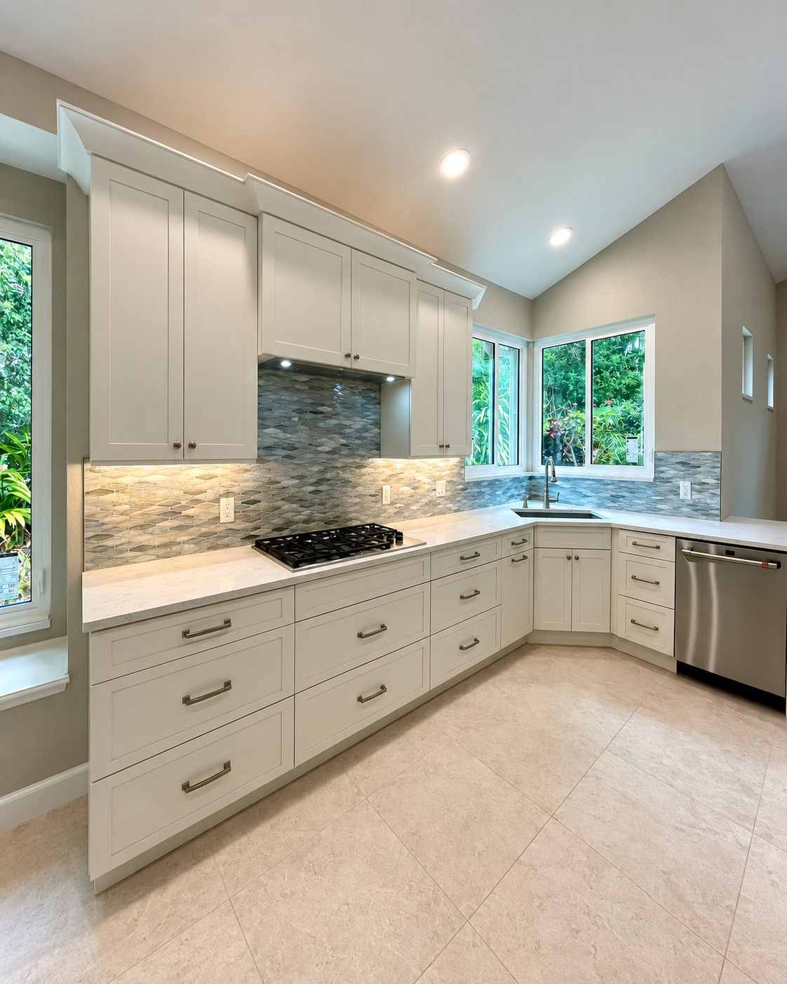 Kitchen with white shaker cabinets, tile backsplash and a vaulted ceiling
