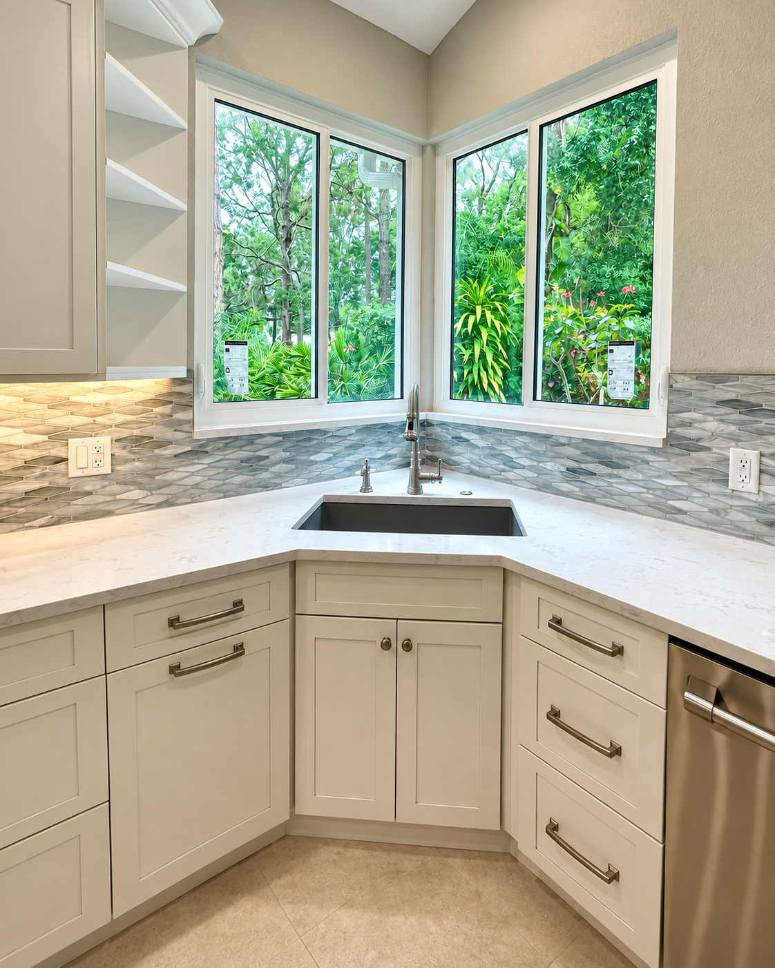 Corner kitchen sink beneath windows with quartz counters and shaker cabinets