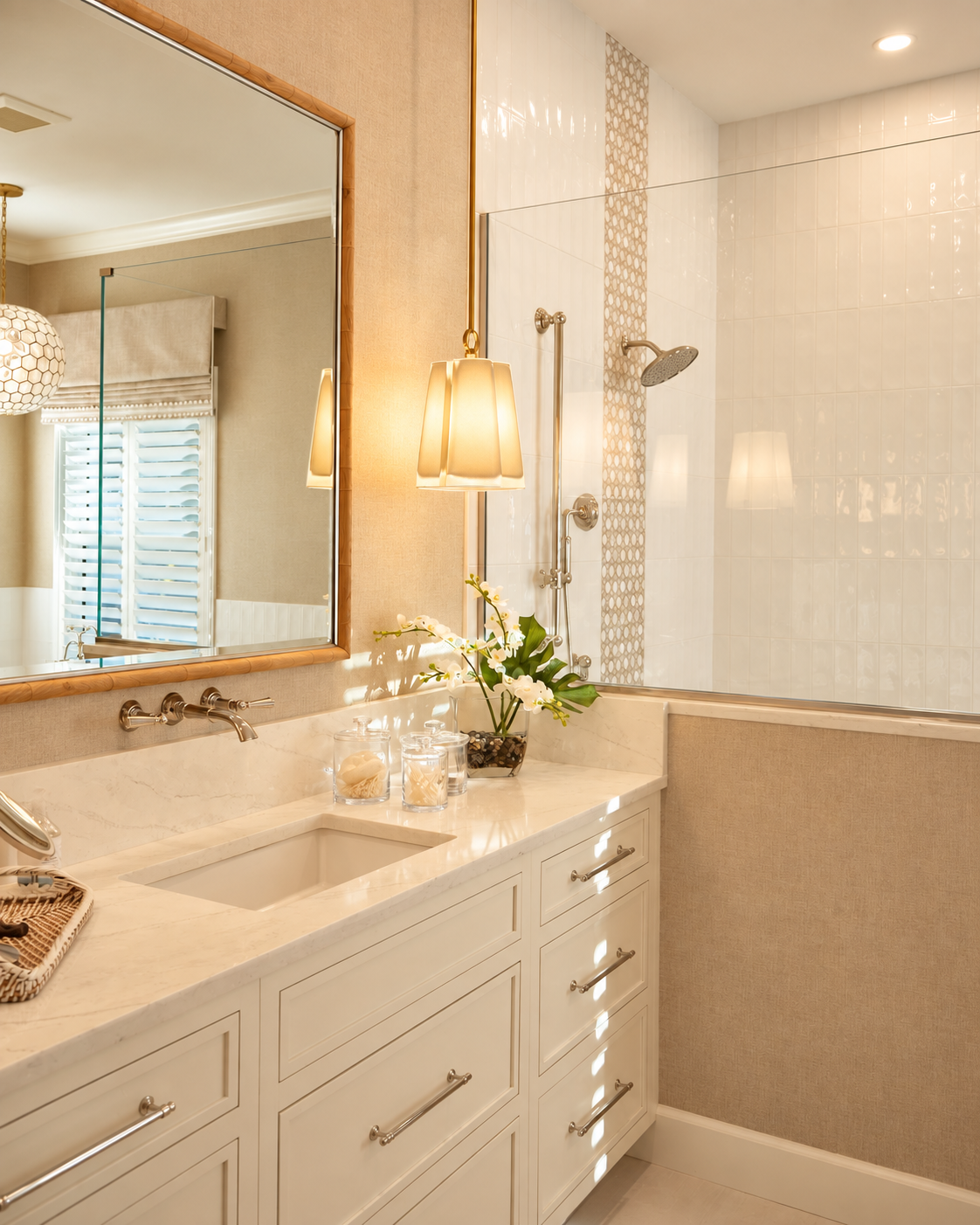 Bathroom vanity with wall-mounted faucet, gold mirror and glass shower beyond