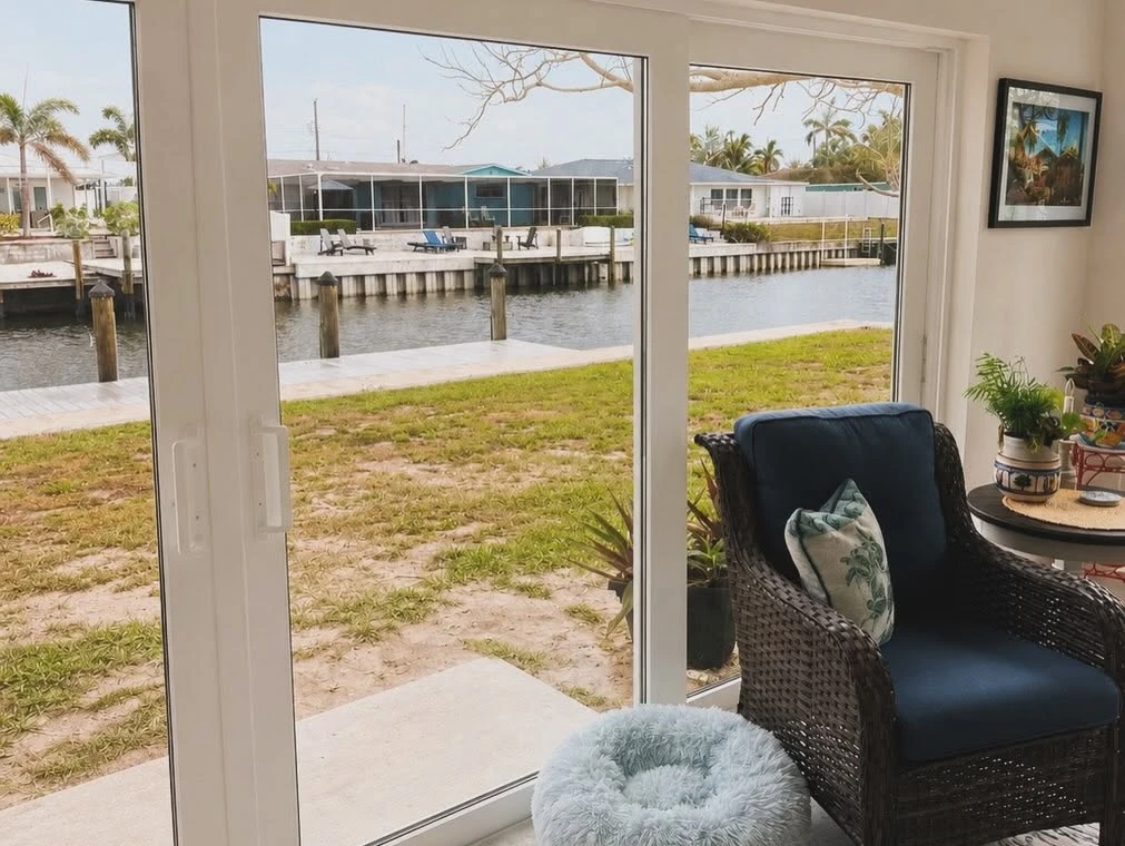 Sliding glass door with a view of a canal and boat docks from a sunroom