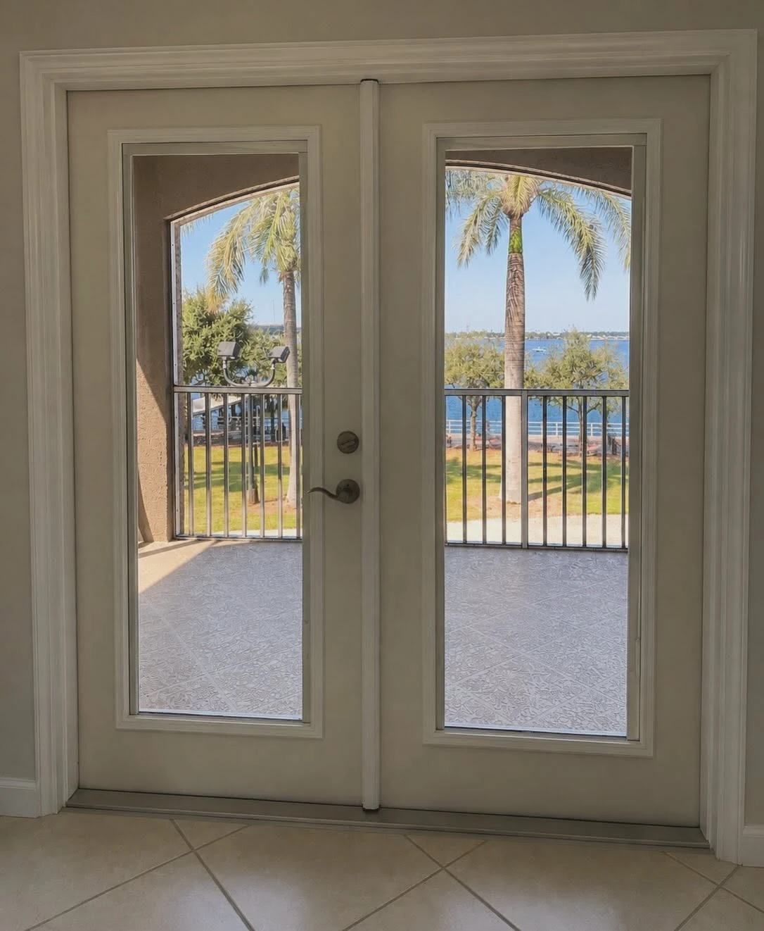 French patio doors opening onto a balcony with palm trees and bay views