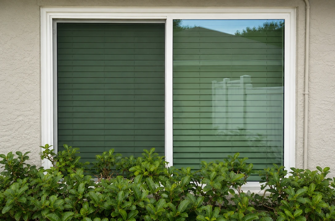 White horizontal slider window above landscaping on a stucco home