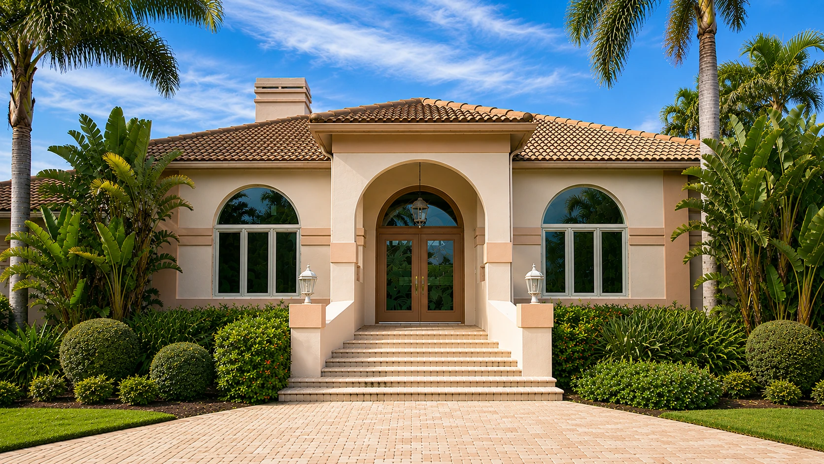 Mediterranean home with arched windows and wood double entry doors