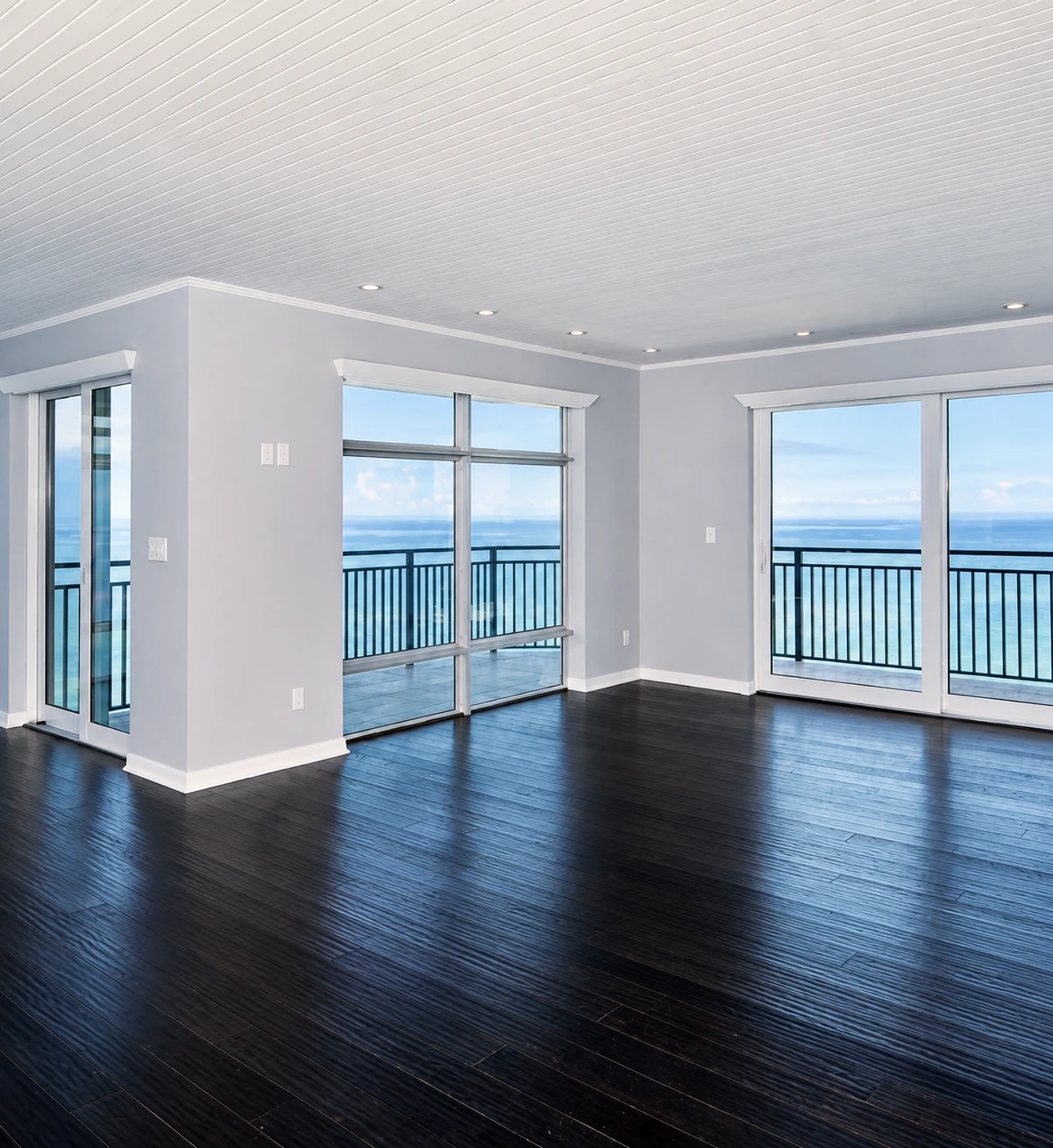 Empty condo living room with floor-to-ceiling glass doors onto a Gulf-front balcony