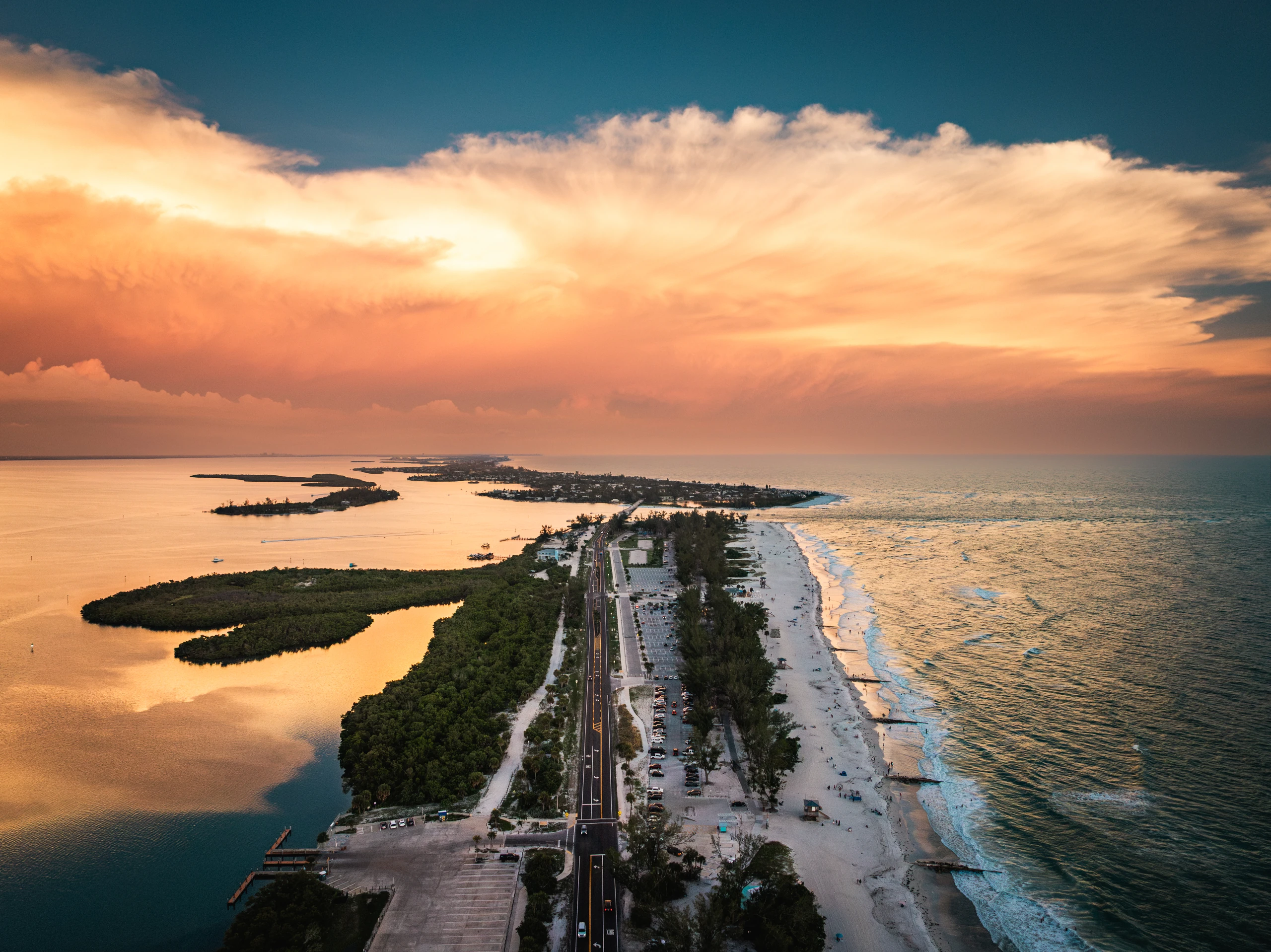 Aerial view of Longboat Key and the Gulf shoreline at sunset