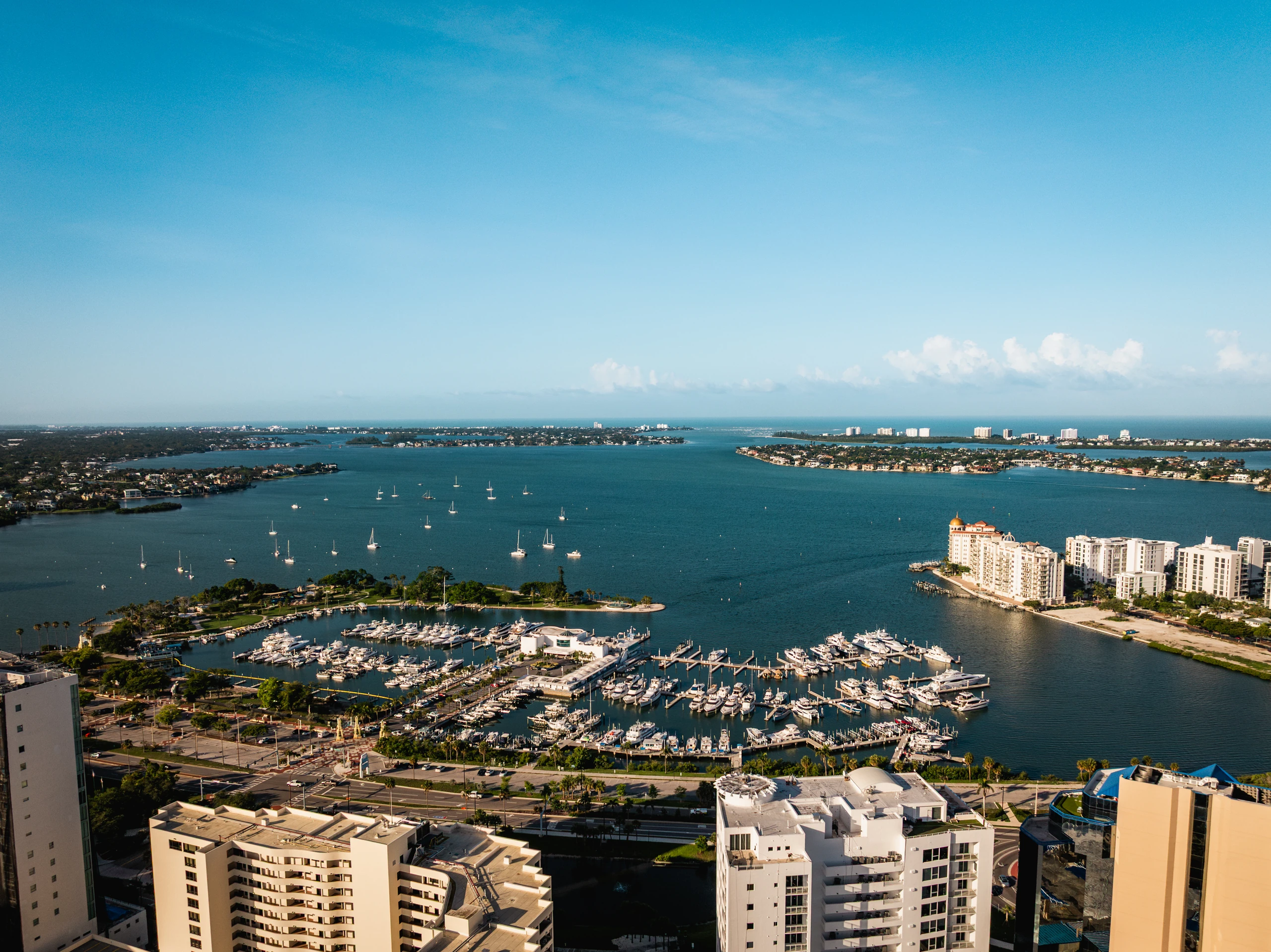 Aerial view of Sarasota Bay, the marina and downtown waterfront