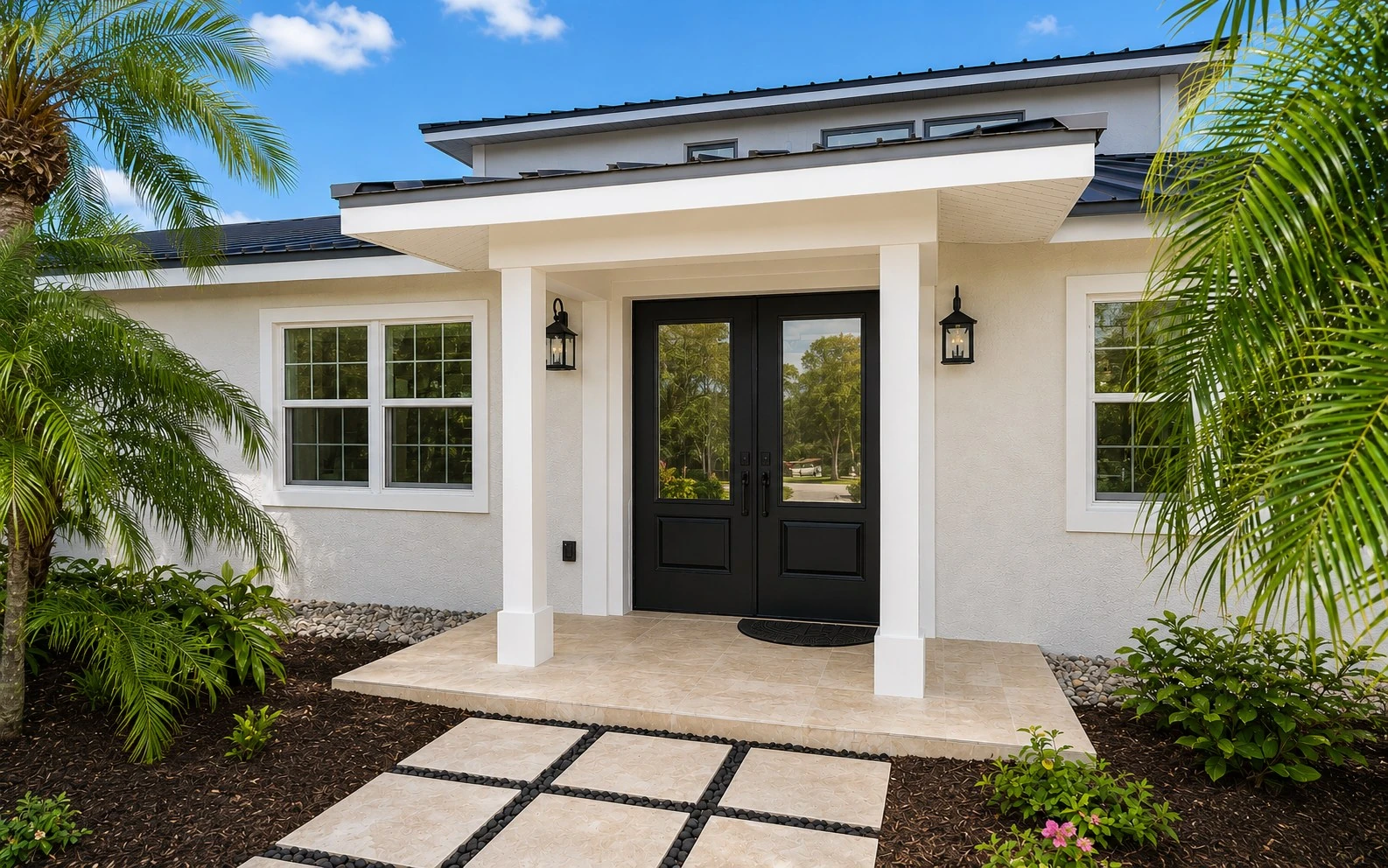 Black double entry doors under a covered portico on a white stucco home