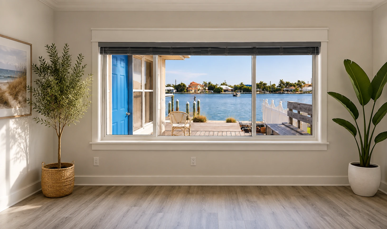 Picture window framing a waterfront and dock view from a living room