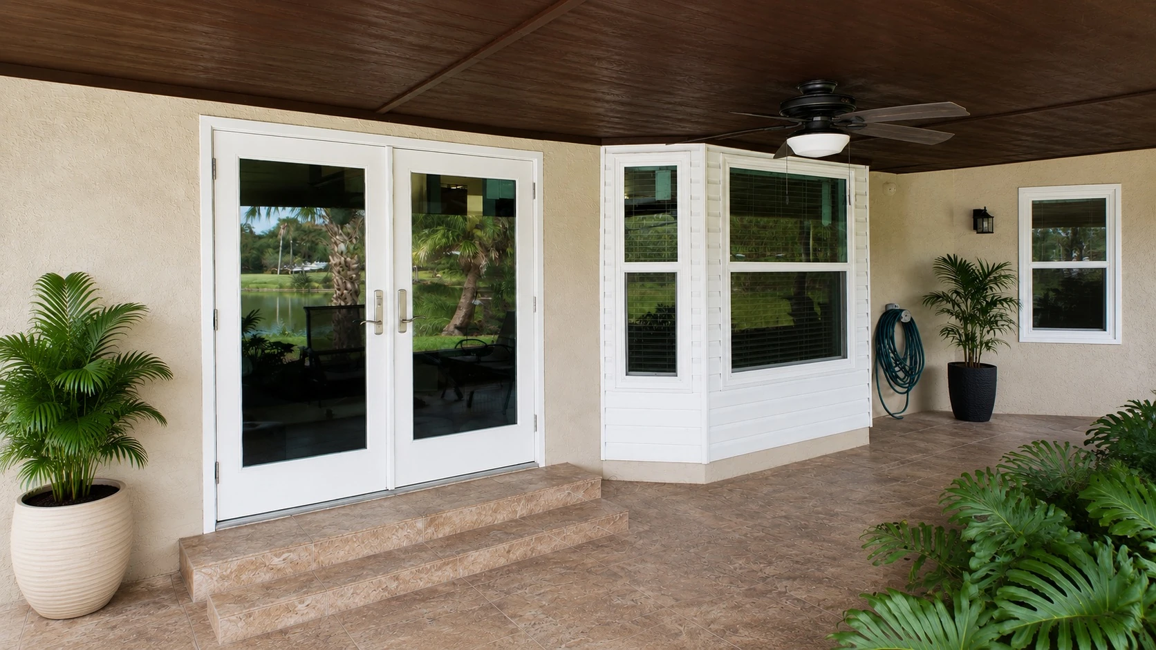 French doors and white single hung windows on a covered lanai