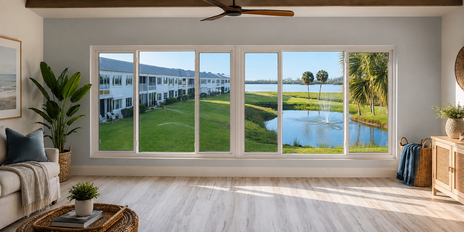Living room with a wall of vinyl windows overlooking a pond and fountain