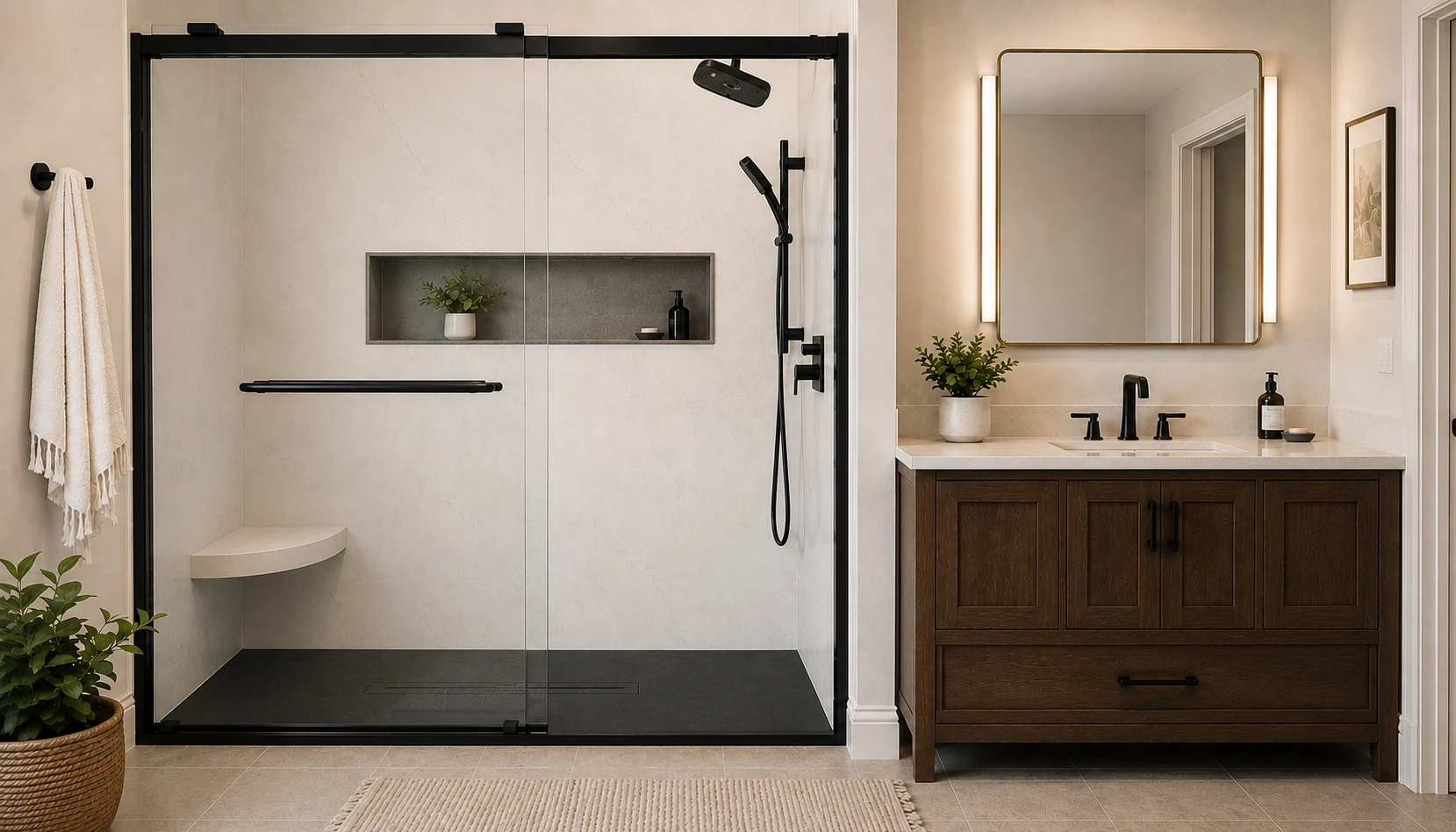 Walk-in shower with matte black fixtures beside a wood vanity and lighted mirror