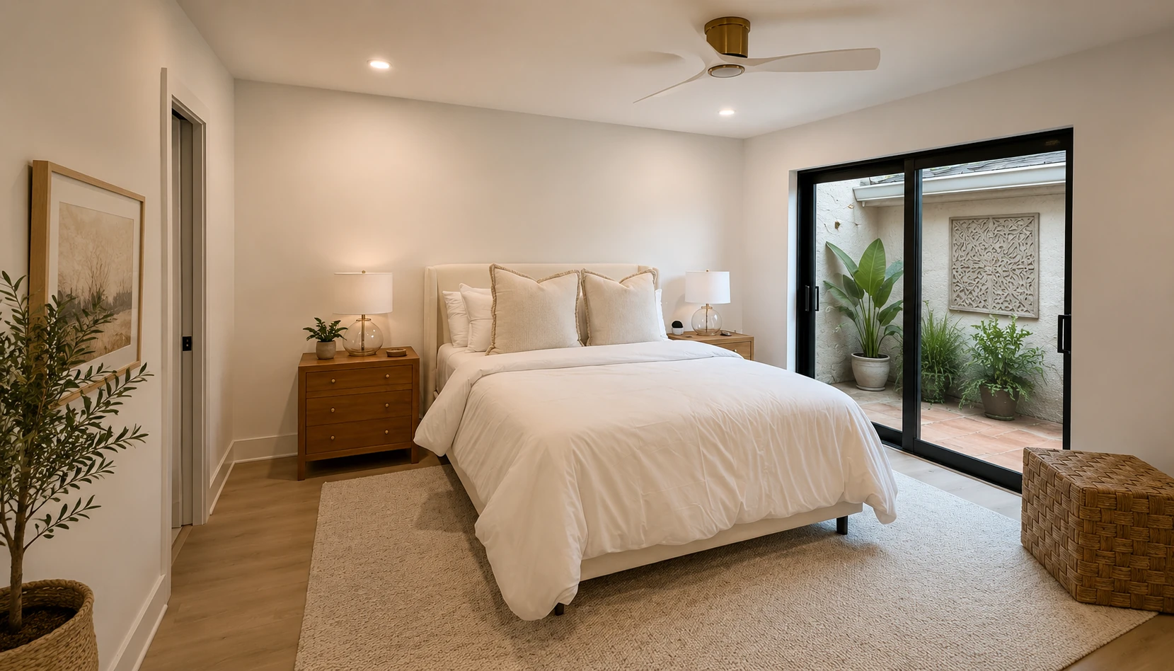 Bedroom addition with sliding glass doors opening to a planted courtyard