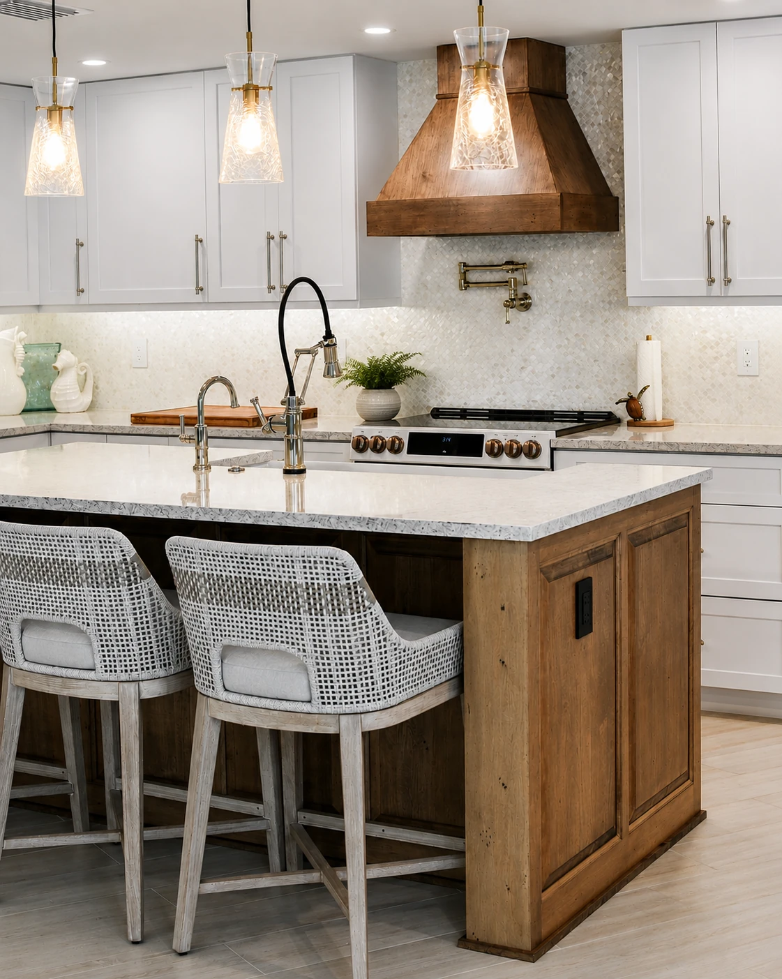 Kitchen with a wood range hood, granite island and glass pendant lights