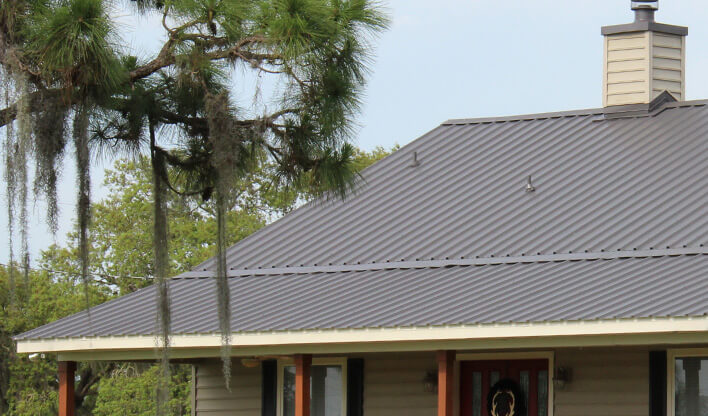 Standing seam metal roof on a home framed by pines and Spanish moss