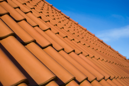Close-up of terracotta barrel tile roofing against a blue sky
