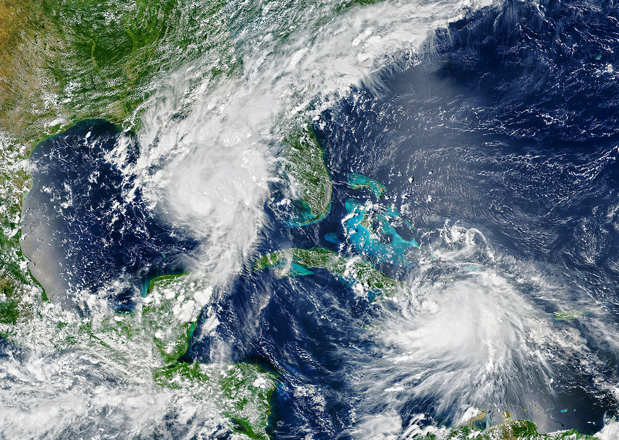 Satellite view of two hurricanes approaching Florida and the Caribbean
