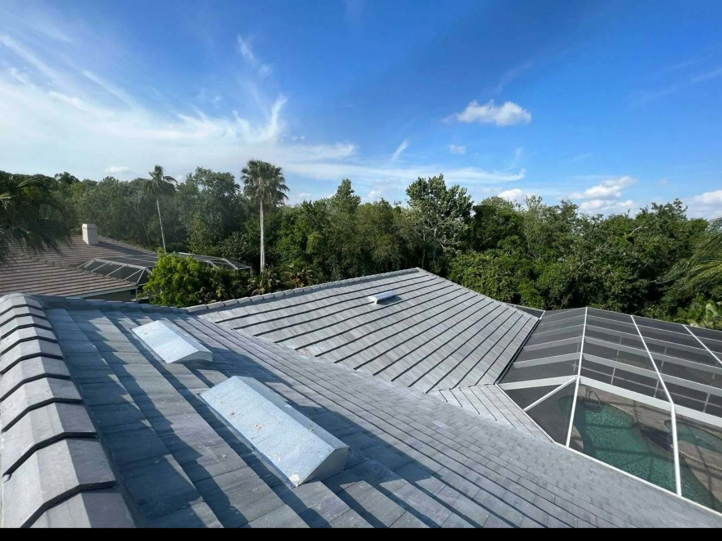 Gray concrete tile roof with skylights overlooking a screened pool cage