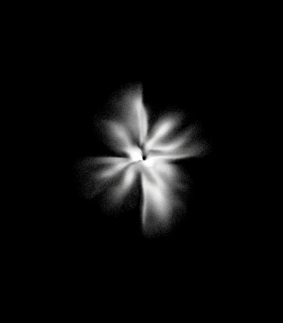 Abstract glowing white flower shape on black.