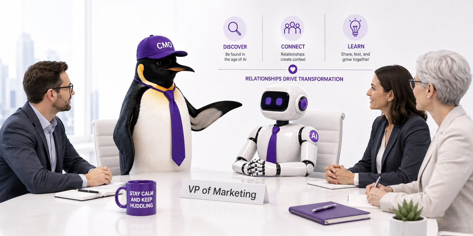 Executive penguin leading a discussion as an AI robot sits at the marketing table, illustrating why human leadership still matters in the age of AI agents.