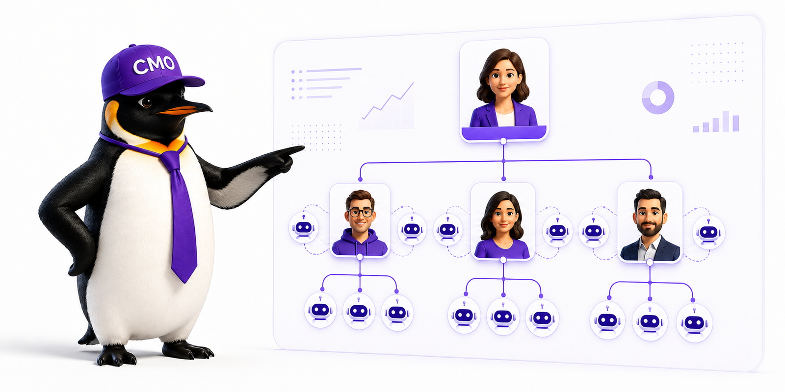 Executive CMO penguin reviewing a marketing org chart that shows human leaders surrounded by AI agents, illustrating how AI work should be visible and accountable without replacing human leadership.