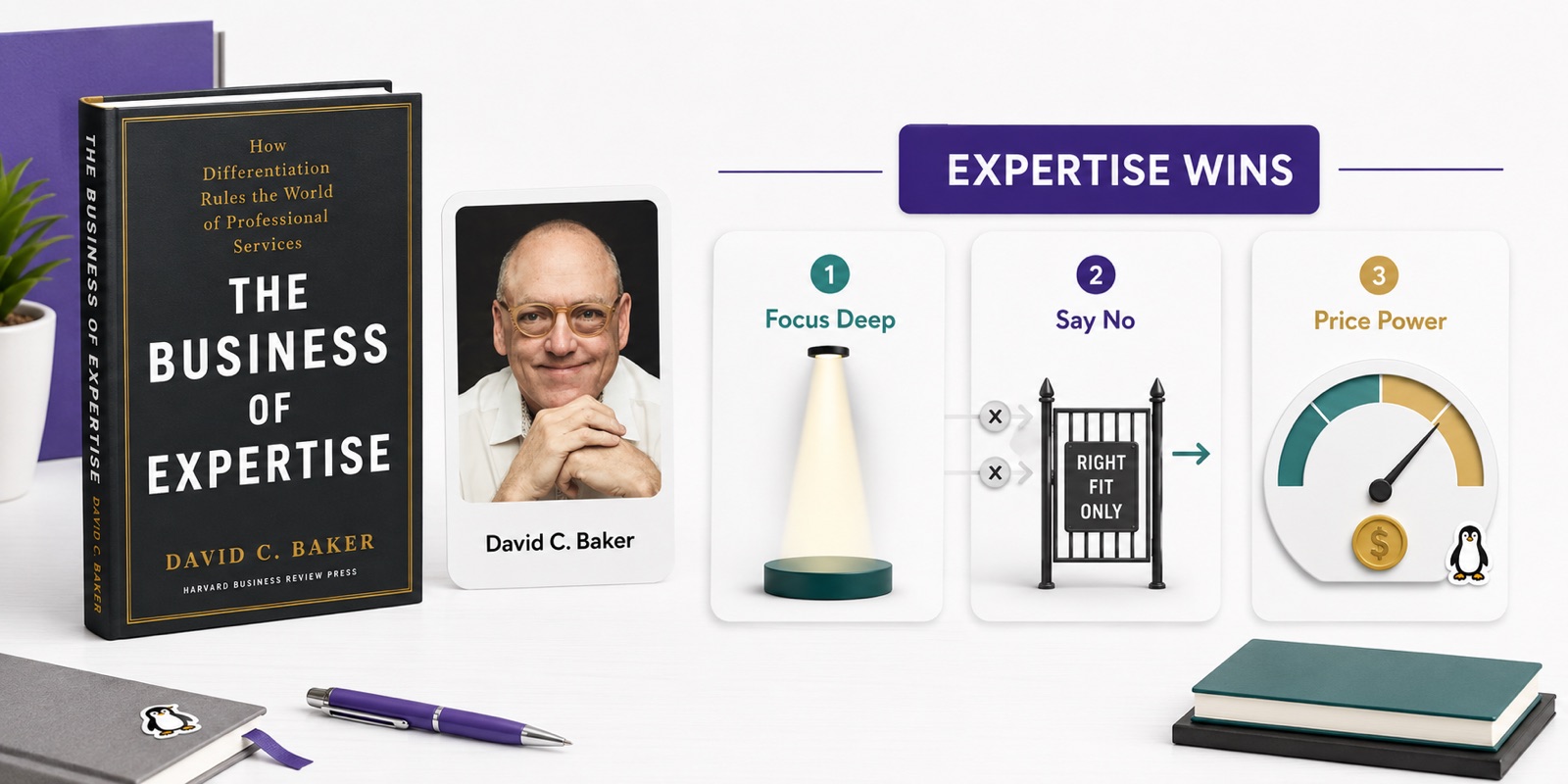 Drew Neisser interviews David C. Baker beside a copy of The Business of Expertise and a small penguin figurine.