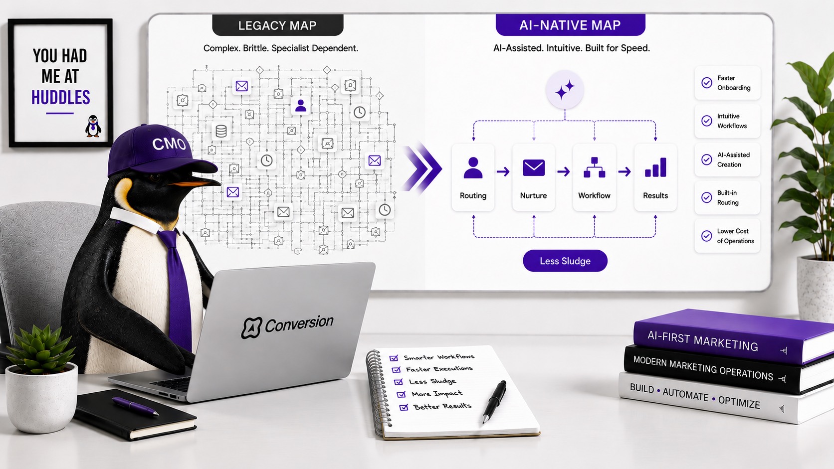 CMO Huddles illustration comparing legacy marketing automation with an AI-native platform, highlighting faster onboarding, intuitive workflows, AI-assisted creation, and streamlined marketing operations.