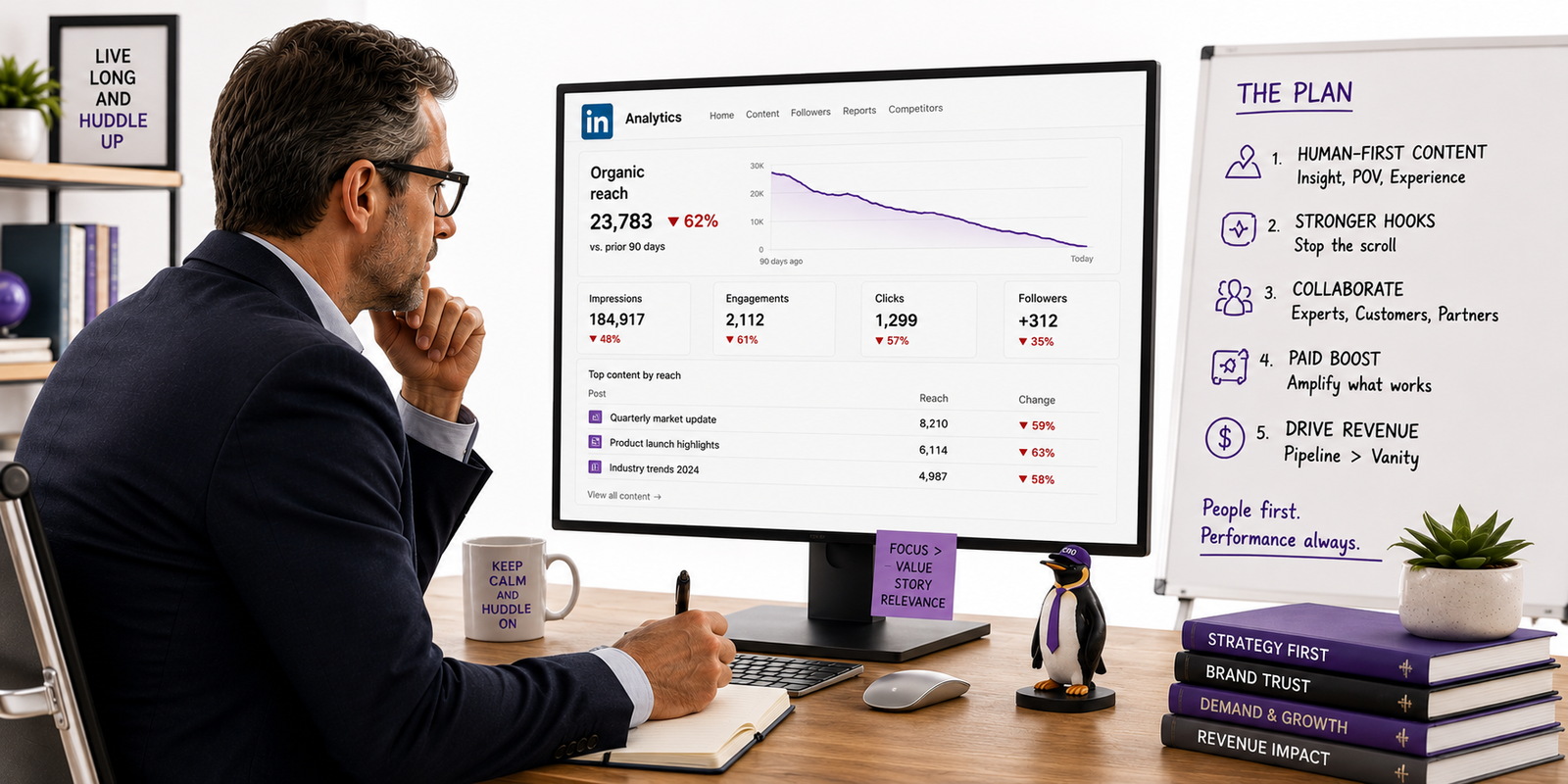 A CMO reviews declining LinkedIn organic reach data with a small penguin figurine on the desk.