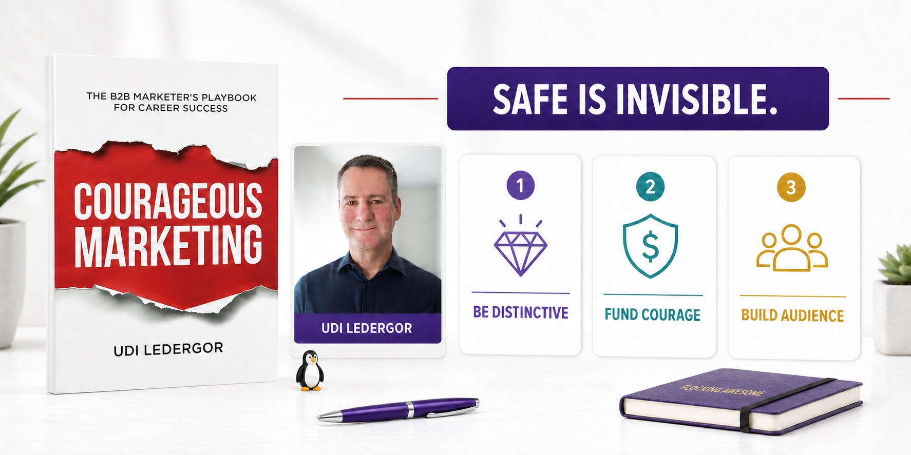 Courageous Marketing by Udi Ledergor beside insights about distinctiveness, funding creative courage, and building an audience. All standalone quotations above were checked against the published 2025 Super Huddle transcript and Courageous B2B Marketing.