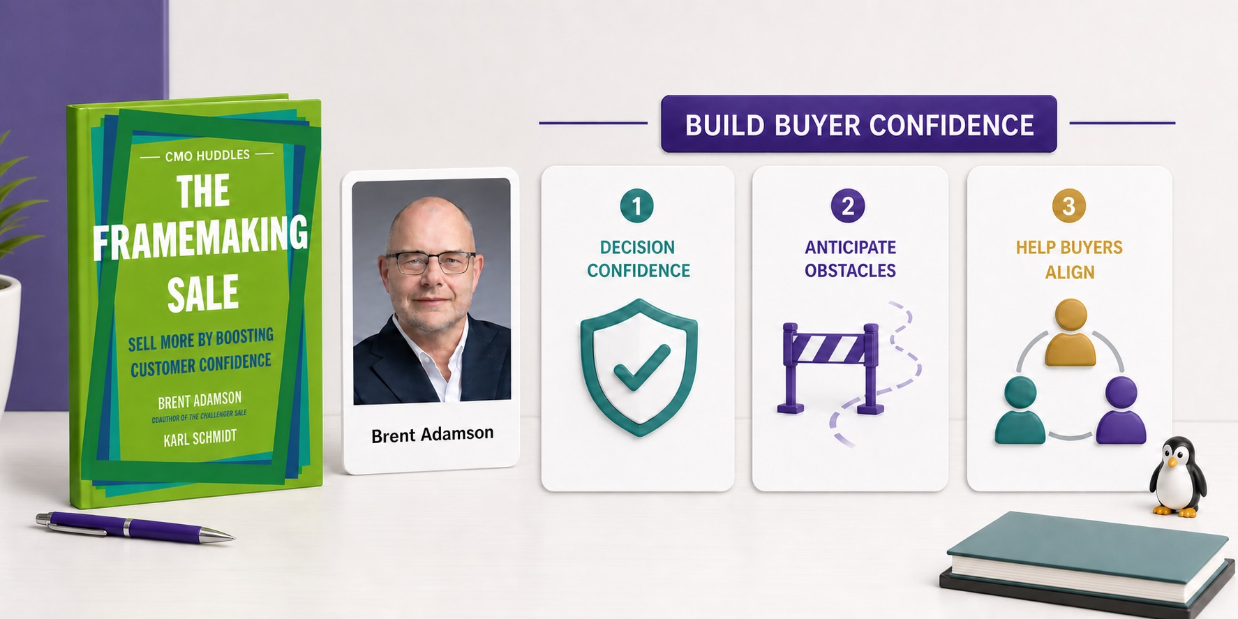 The Framemaking Sale book and Brent Adamson beside cards representing decision confidence, hidden obstacles, and buyer alignment.