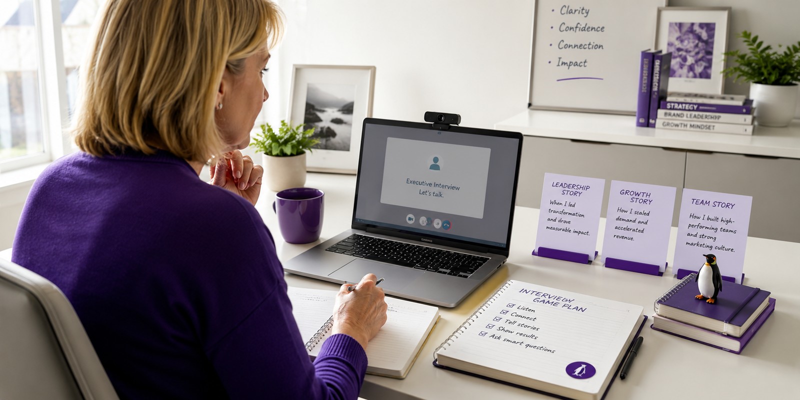 Senior marketing executive preparing for a video interview with concise notes, CMO Huddles purple accents, and a small penguin detail.