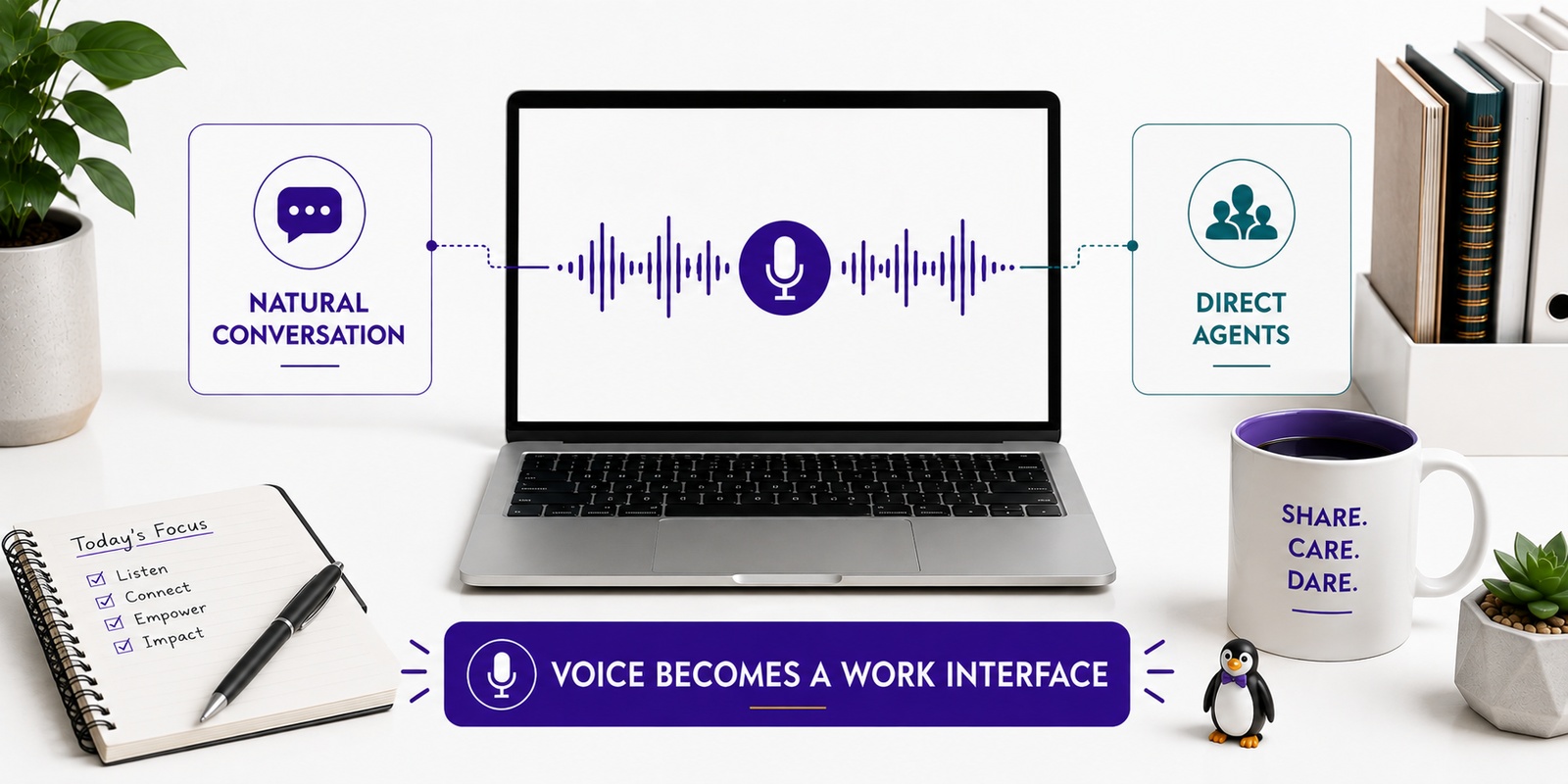 A laptop displaying a purple voice waveform connected to cards labeled Natural Conversation and Direct Agents, with a small penguin detail on the desk.