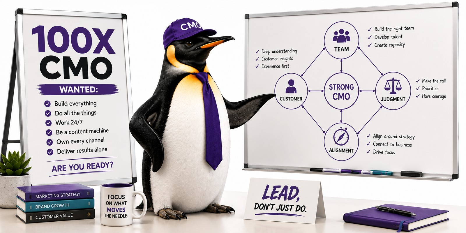 A skeptical CMO penguin compares a flashy 100x CMO job ad with the broader work of teams, customer insight, alignment, and judgment.