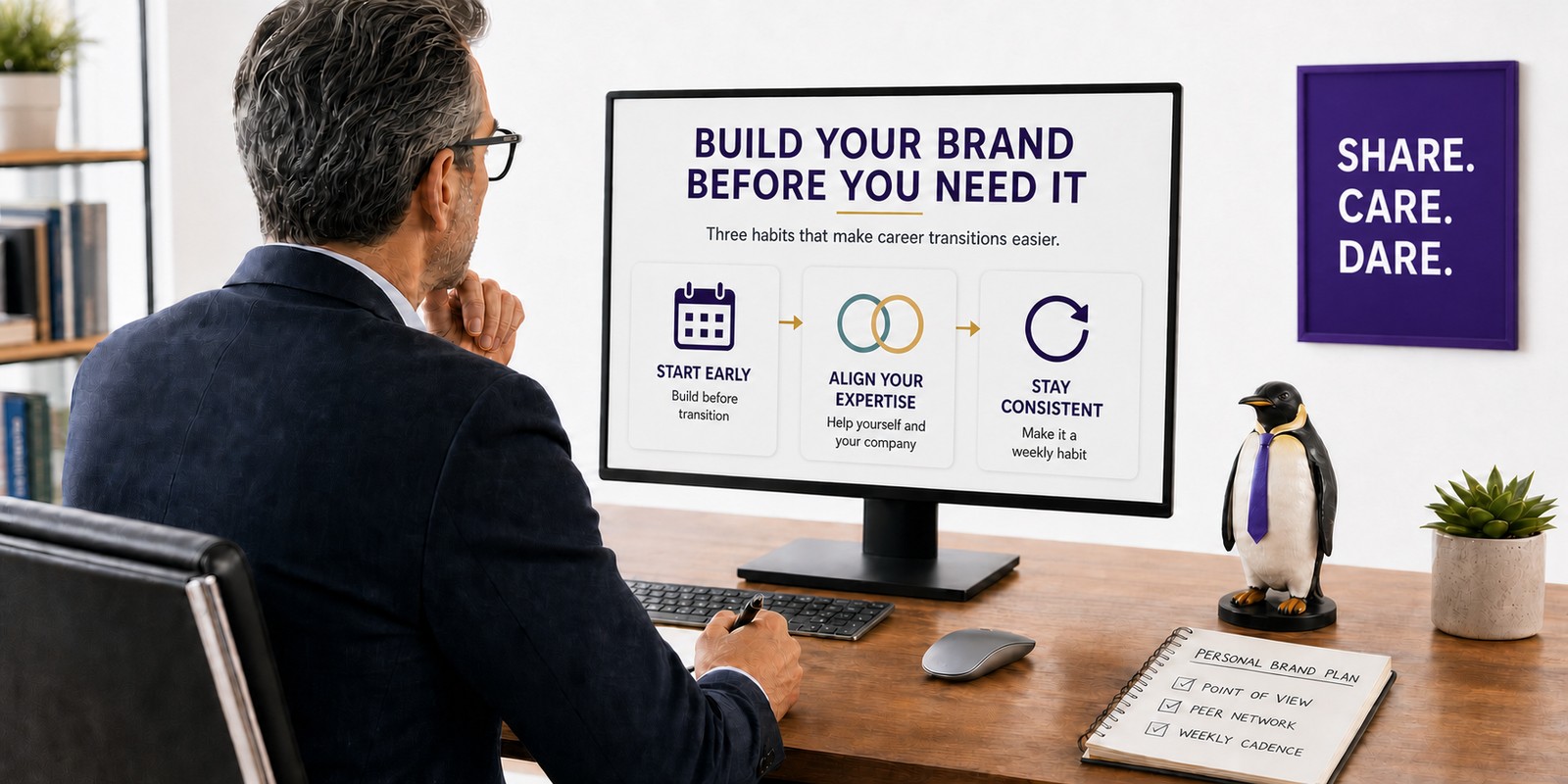 Executive personal-brand workspace highlighting a current profile, clear point of view, and warm professional relationships.
