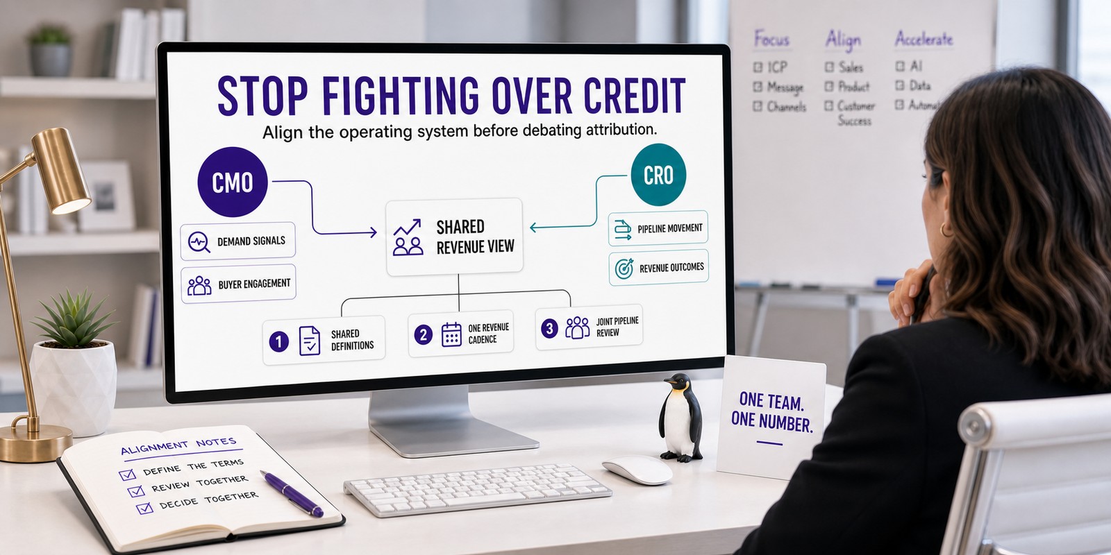 CMO and CRO alignment board connecting a shared target, clean definitions, and joint revenue reviews.