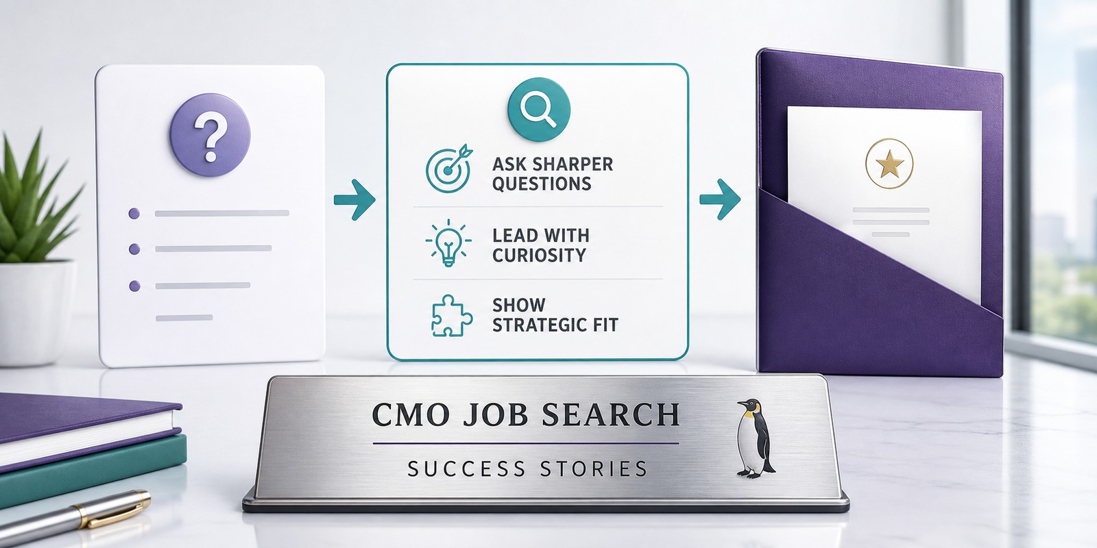 An anonymous CMO job-search path moves from research to thoughtful questions and a successful offer.
