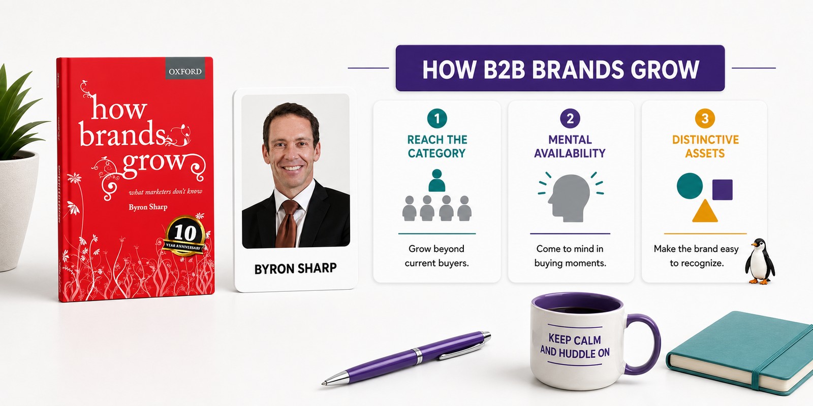 How Brands Grow and Byron Sharp appear beside three B2B growth principles: mental availability, physical availability, and distinctive brand assets.