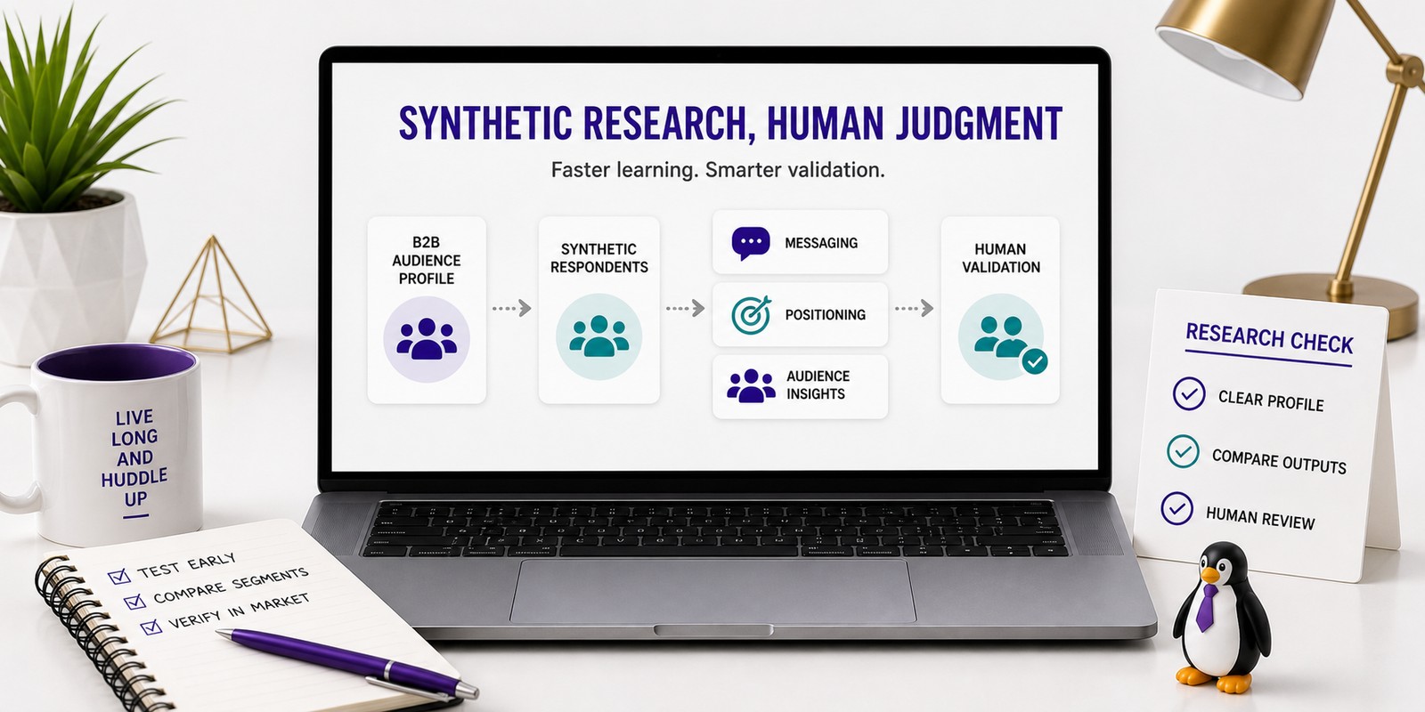 A B2B audience profile expands into synthetic respondents that inform messaging, positioning, and audience insights before human validation.