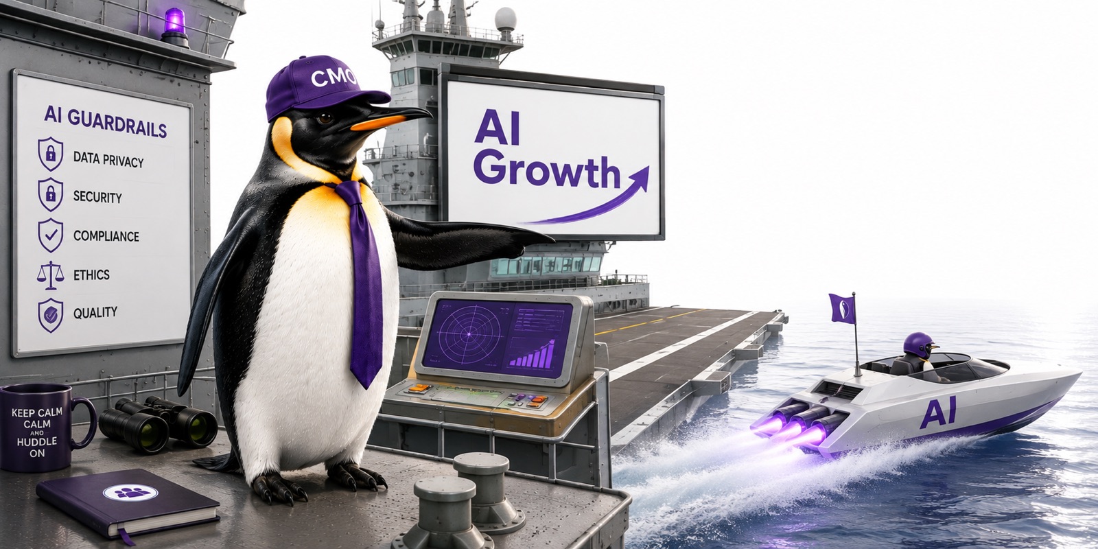 CMO penguin on an aircraft carrier deck pointing toward an AI growth speedboat, symbolizing enterprise AI guardrails moving into action.