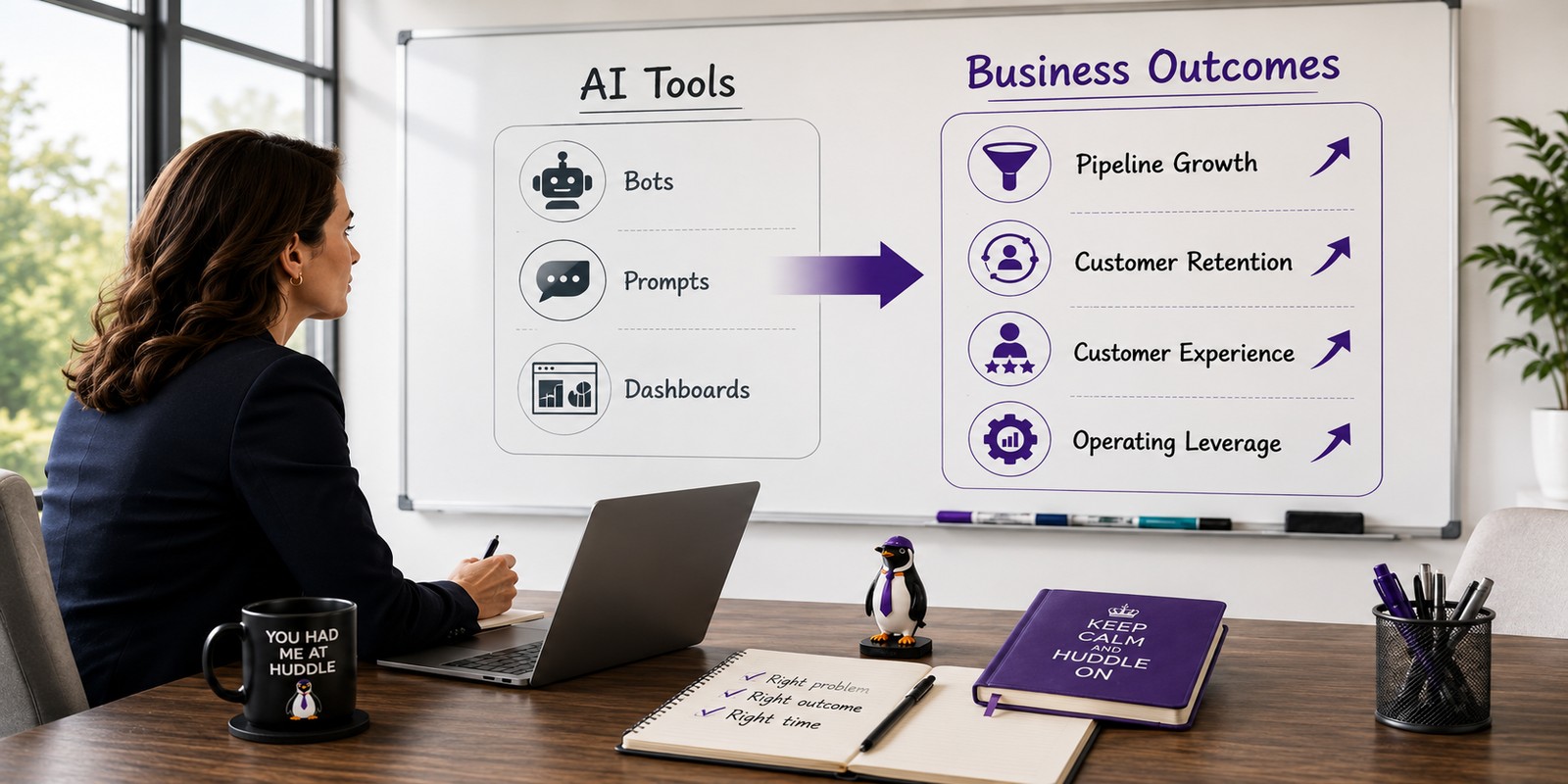 B2B marketing leader comparing AI tools against business outcomes on a boardroom whiteboard with a small penguin detail.